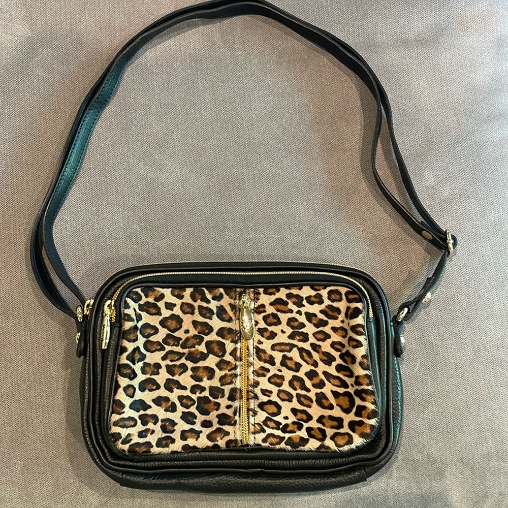 Black leather and leopard print crossbody convertible bag